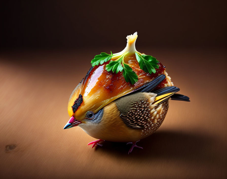 Digital artwork of bird and roasted chicken hybrid with parsley garnish.