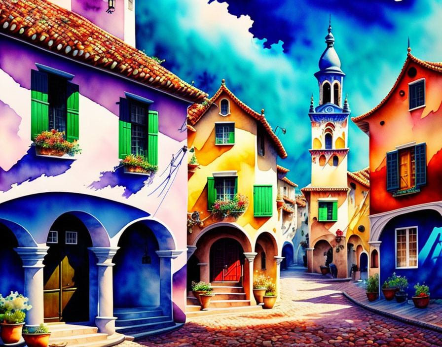 Colorful illustration of European-style street with dynamic purple sky