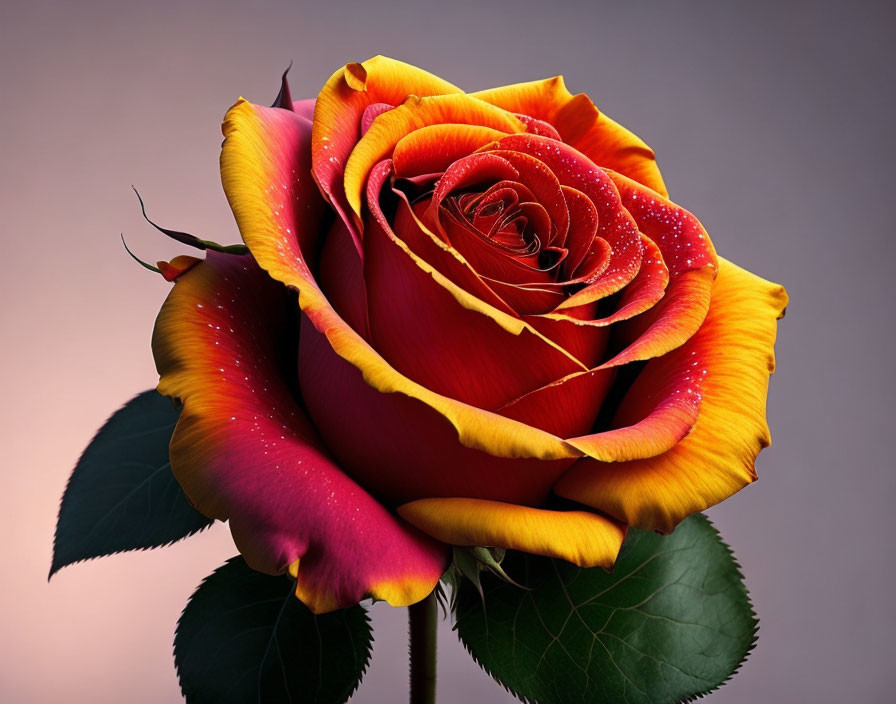 Vibrant rose with red to yellow gradient petals and water droplets on purple background