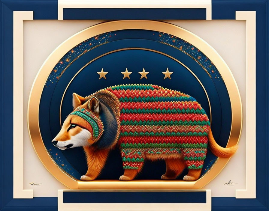 Colorful Knit Sweater Fox Illustration in Circular Frame with Stars