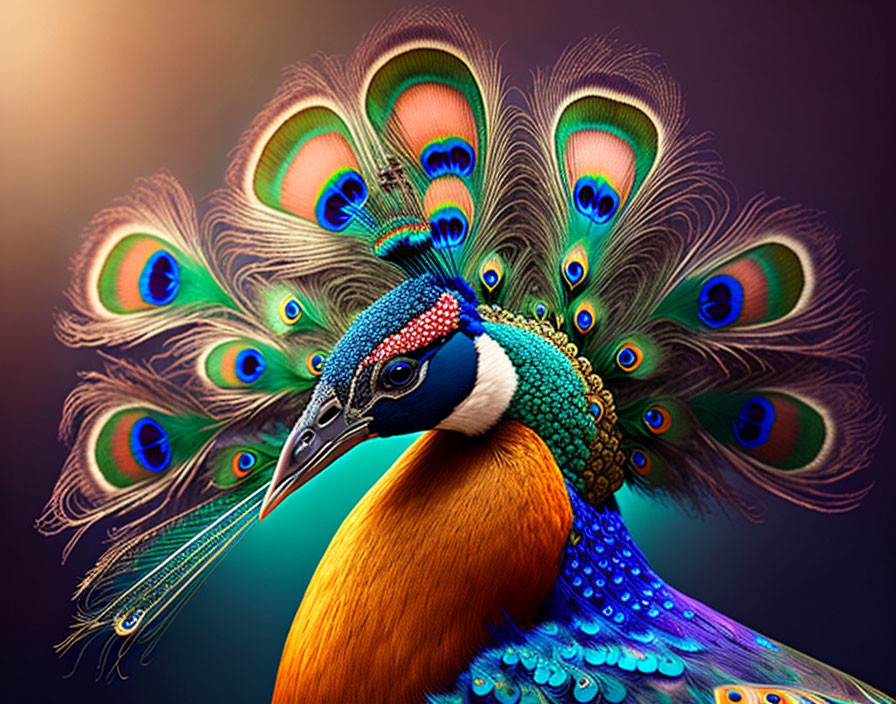 Colorful Peacock Displaying Stunning Feathers on Gradient Background