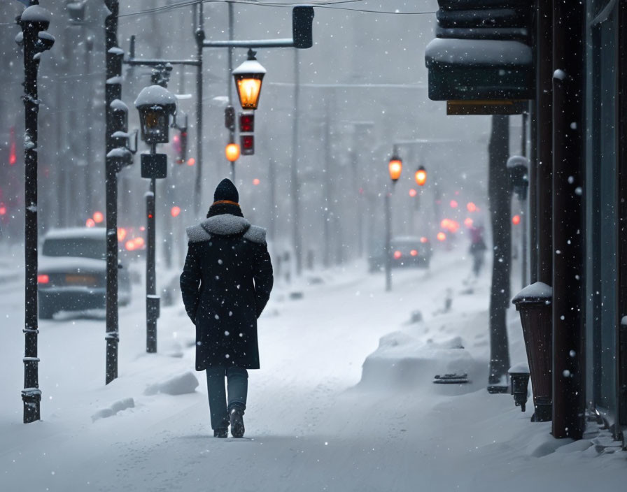 Snowy City Street Scene with Cars and Traffic Lights in Winter Haze