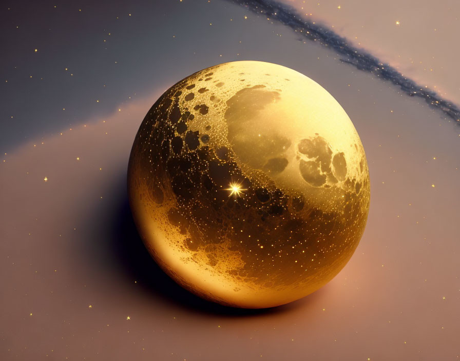 Golden cratered celestial body with star-like reflection in starry space.