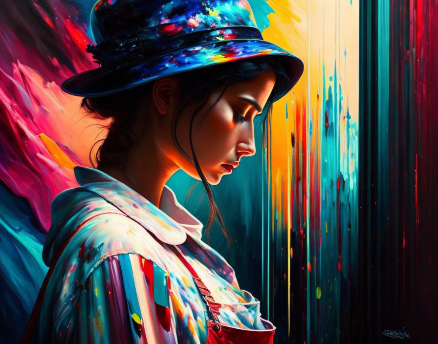 Vibrant digital painting of a woman in a hat with colorful streaks.