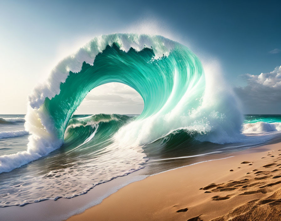 Curling Turquoise Wave with Hollow Barrel Above Sandy Beach