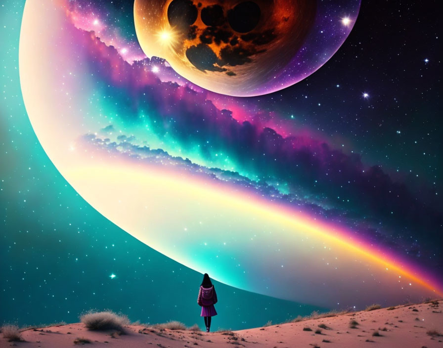 Person standing on dune under vibrant night sky with huge planet and cosmic clouds