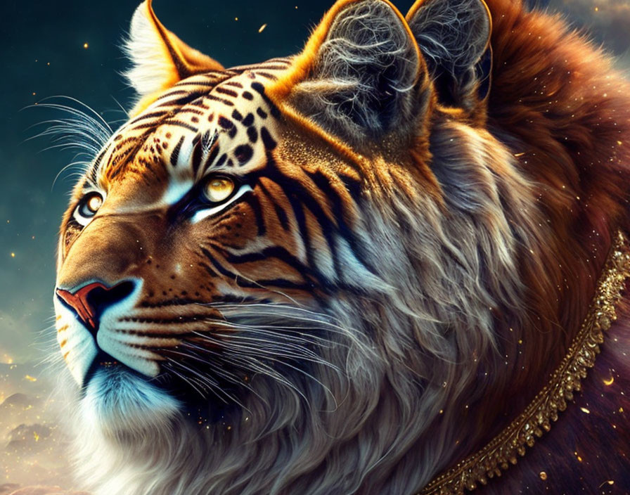 Majestic fantasy creature with tiger head and lion mane on starry background