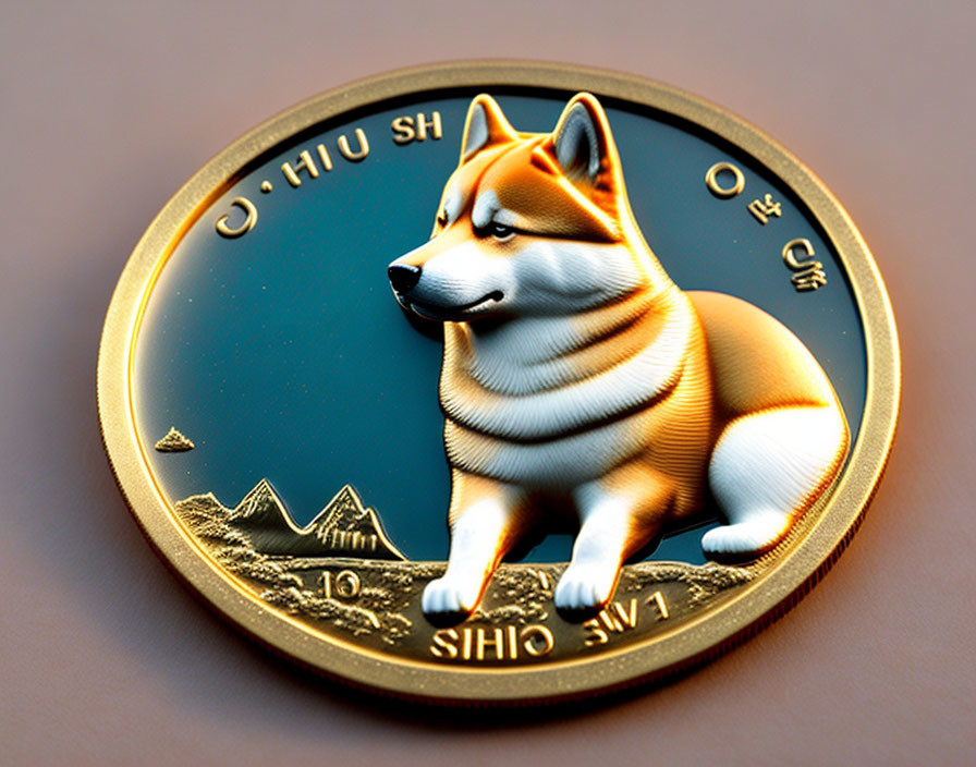 Shiba Inu Dog on Gold & Black Zodiac Coin with Mountains