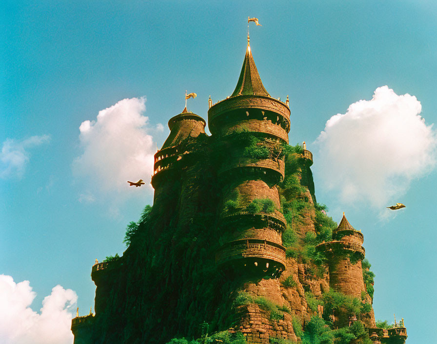 Majestic castle on green hill with towers and gold domes