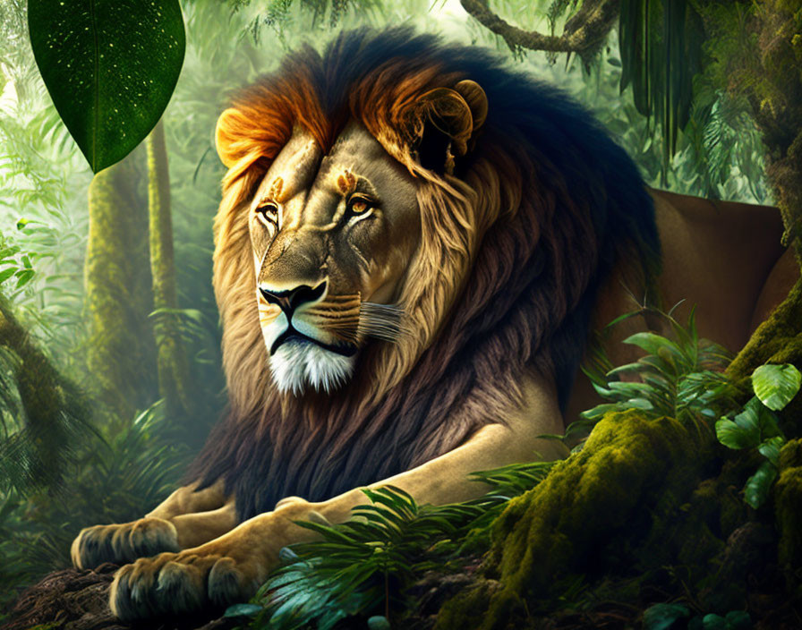 Majestic lion with lush mane in vibrant green jungle