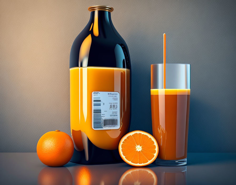 Orange Juice Bottle, Glass, Straw, Oranges on Grey Background