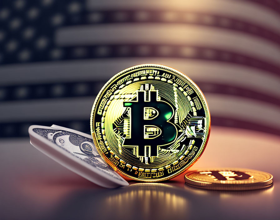 Bitcoin emblem on phone with US flag background and blurred coin.