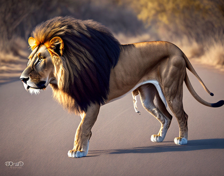 Majestic lion with full mane walking in savannah at sunrise or sunset