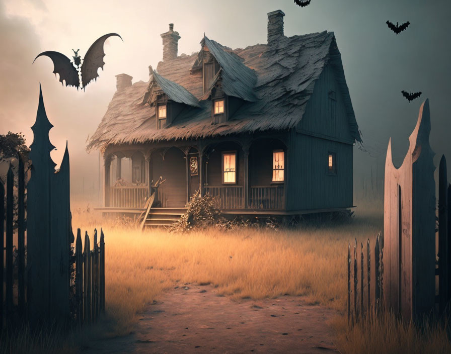 Spooky old wooden house with bats in foggy setting