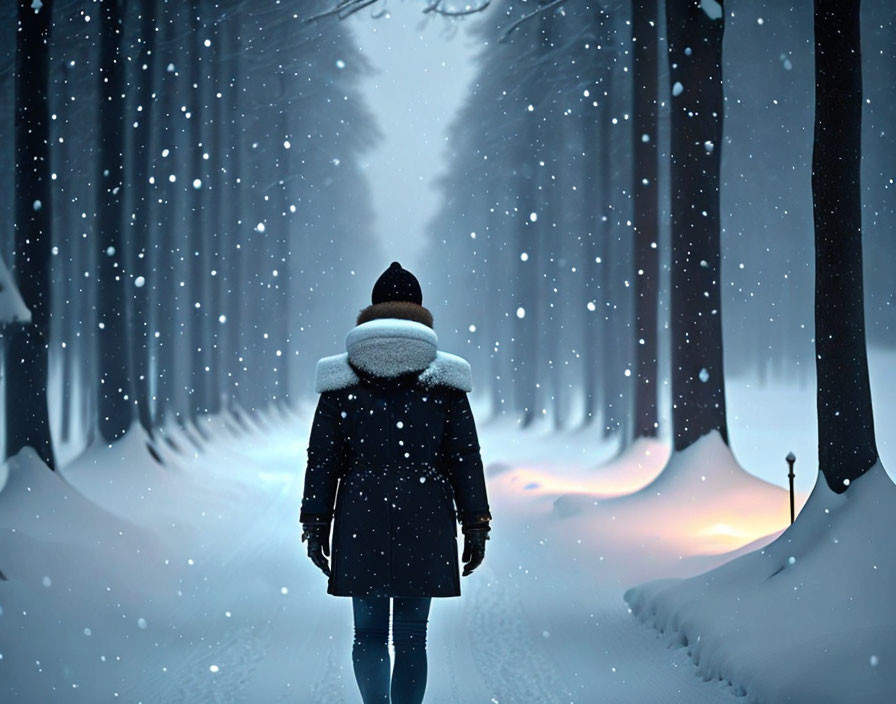 Person in winter coat walks snowy path among tall trees