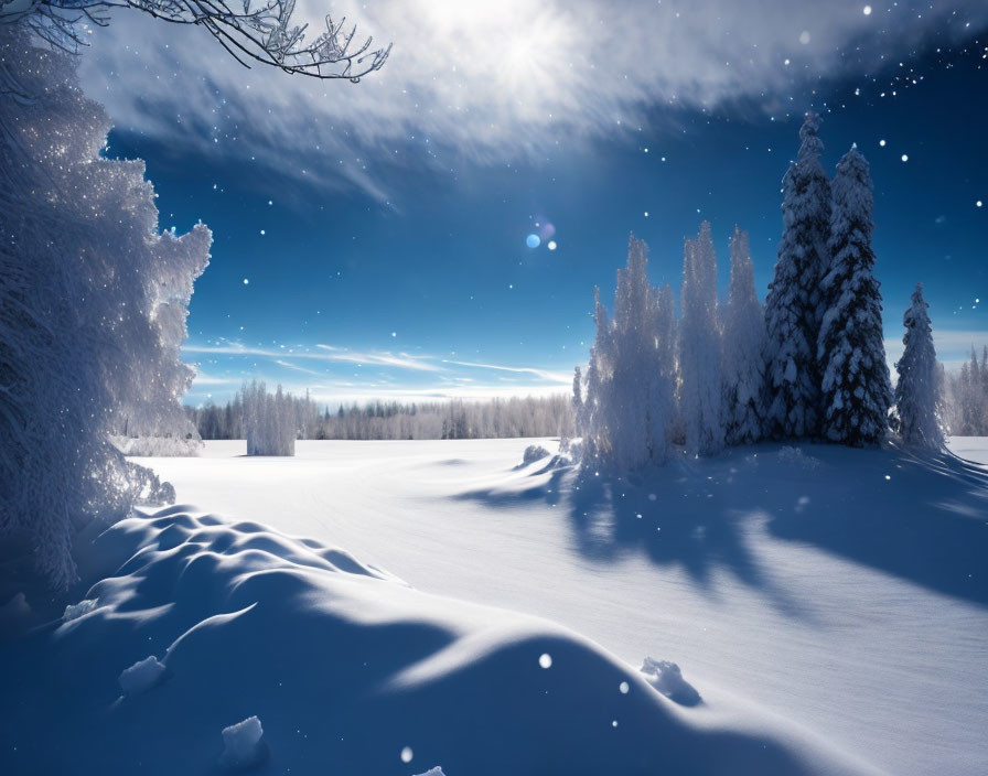 Snow-covered trees in serene winter landscape under clear blue sky