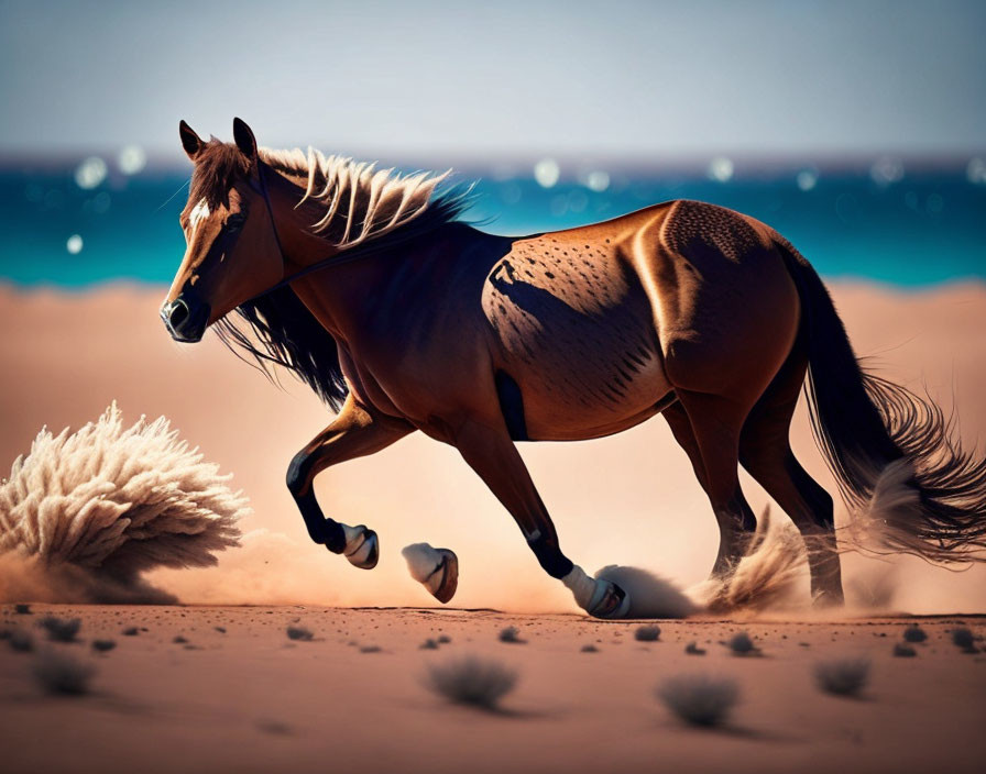 Majestic horse galloping on sandy beach with flowing mane and ocean backdrop