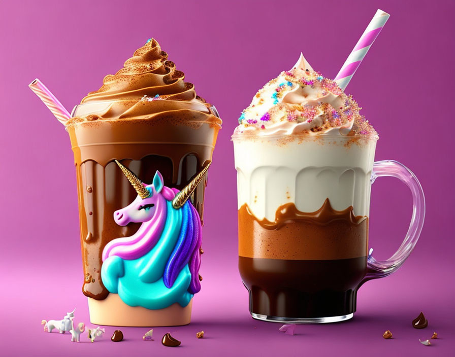 Whimsical unicorn-themed drinks on purple background