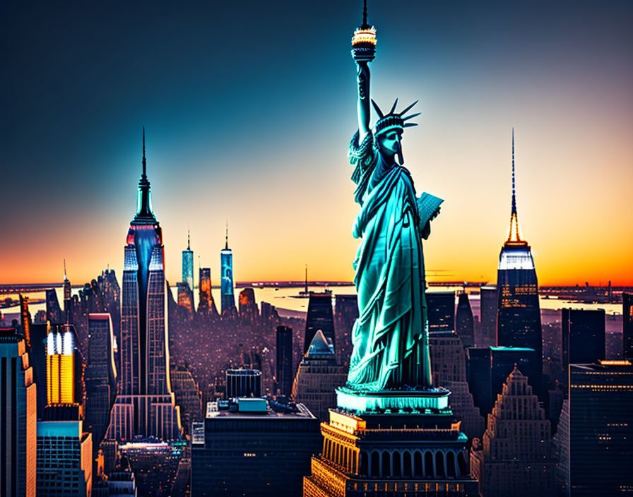 Iconic Statue of Liberty with NYC skyline at sunset