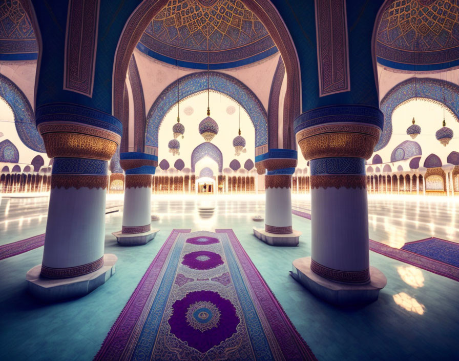 Ornate Mosque Interior with Domes, Arches, and Sunlit Aisle