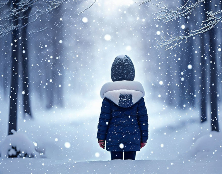 Child in Blue Coat Surrounded by Snowy Landscape