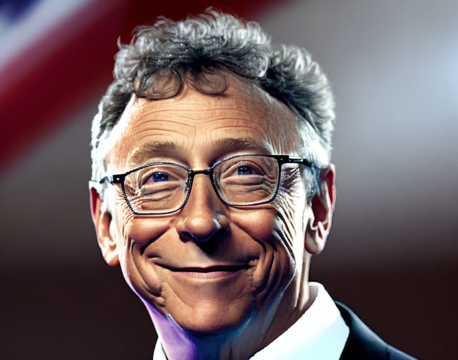 Smiling man in glasses with suit and blurred flag portrait.