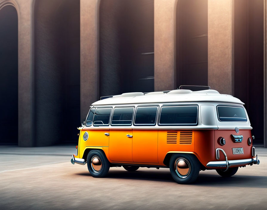 Vintage Orange and White Volkswagen Type 2 Bus in Sunlit Space