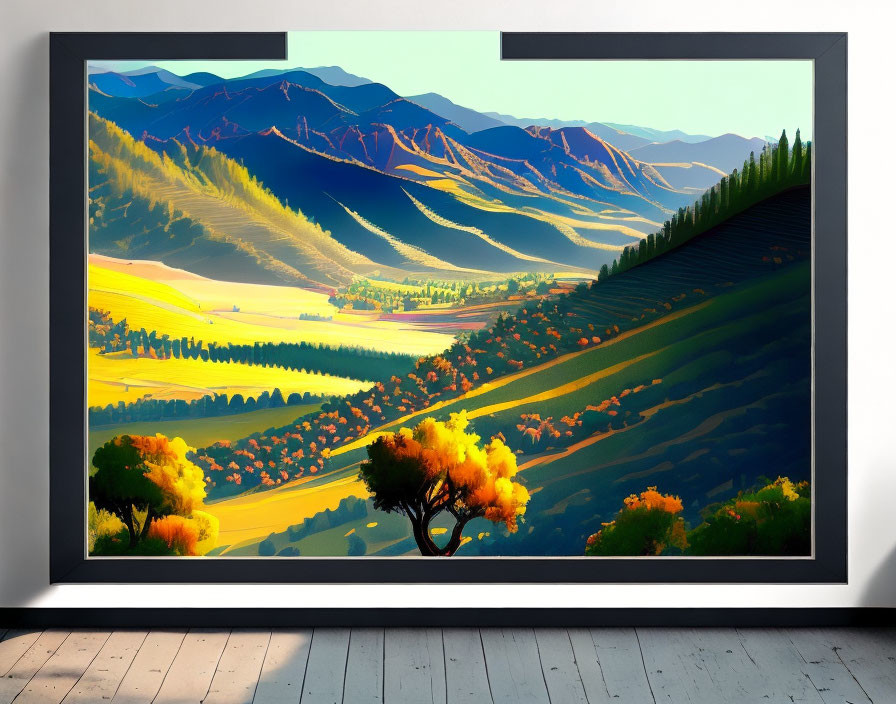 Colorful Valley Landscape Artwork Displayed on White Wall