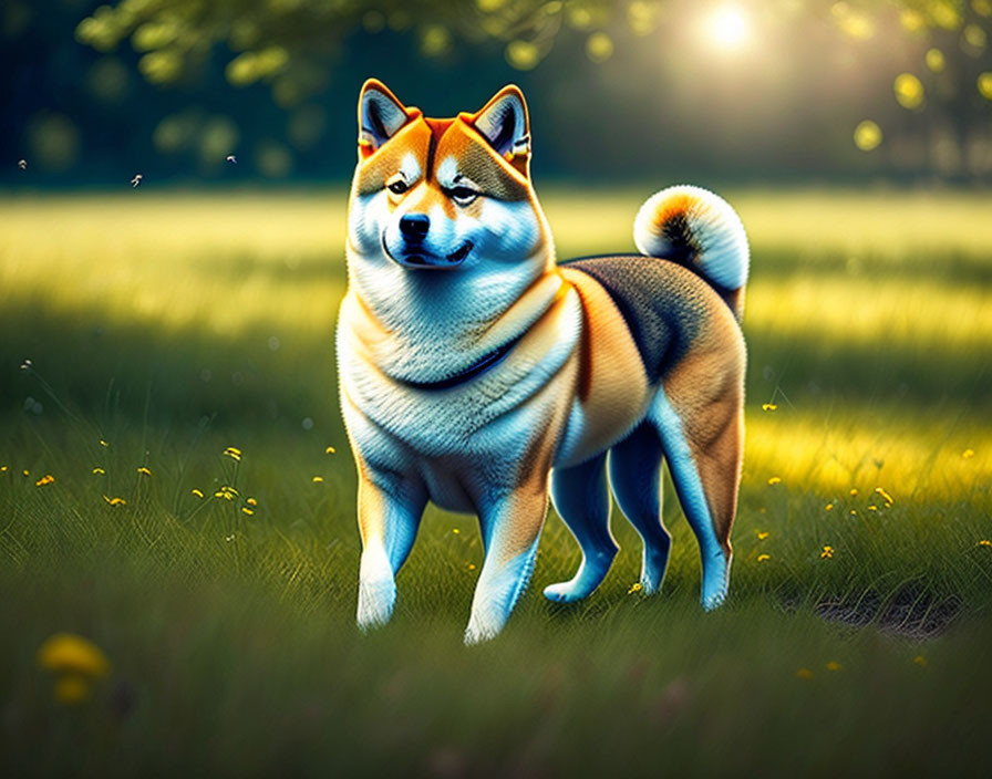 Shiba Inu dog in sunlit field with glowing edges and magical particles