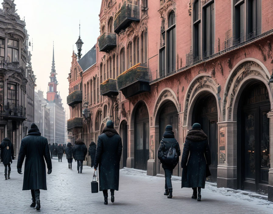 Snowy street with historic buildings and people walking in soft daylight