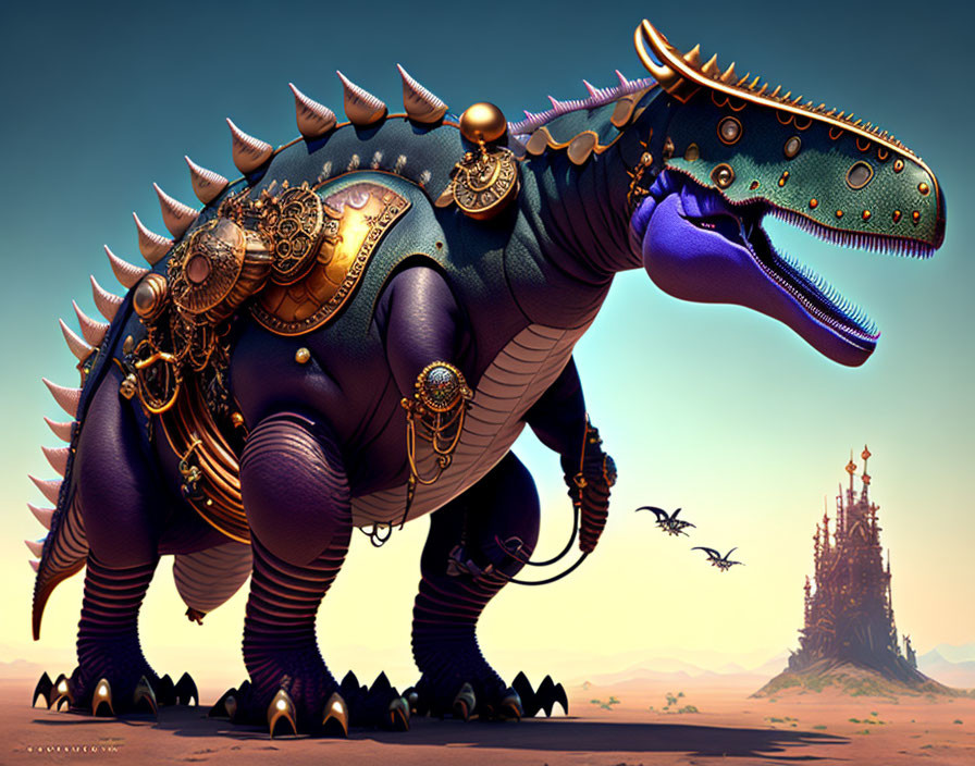 Colorful digital artwork: Blue armored dinosaur in desert with fantasy castle & flying creatures