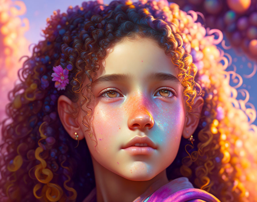 Colorful digital artwork: Young girl with curly hair in warm, ethereal glow