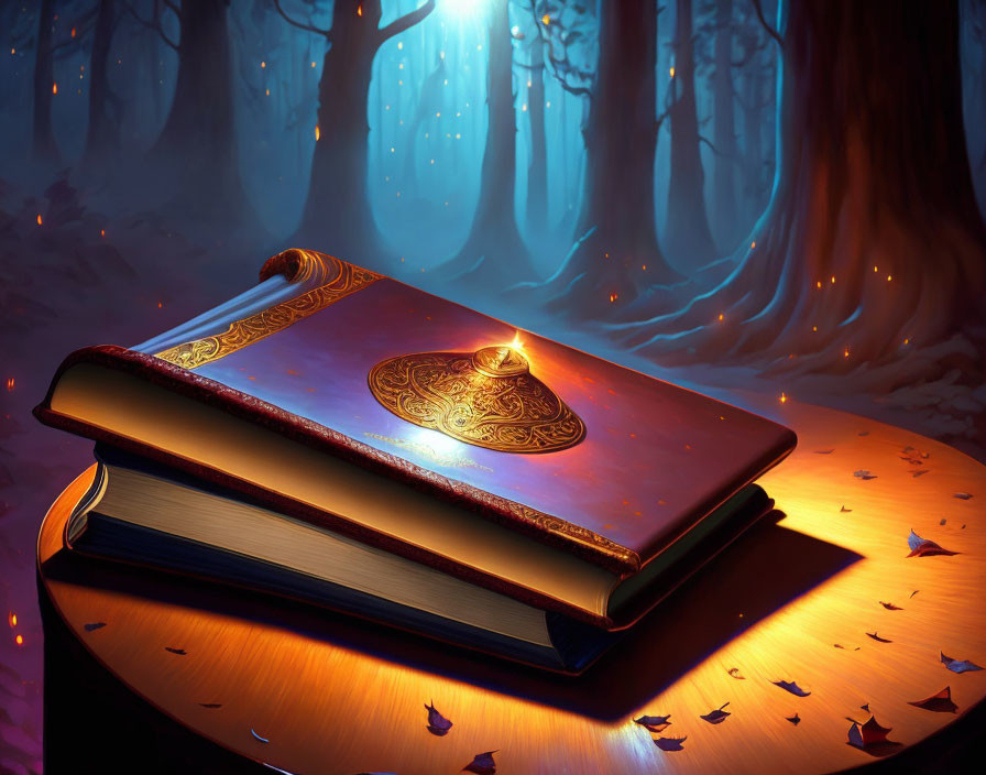 Intricately decorated book on wooden surface in mystical forest