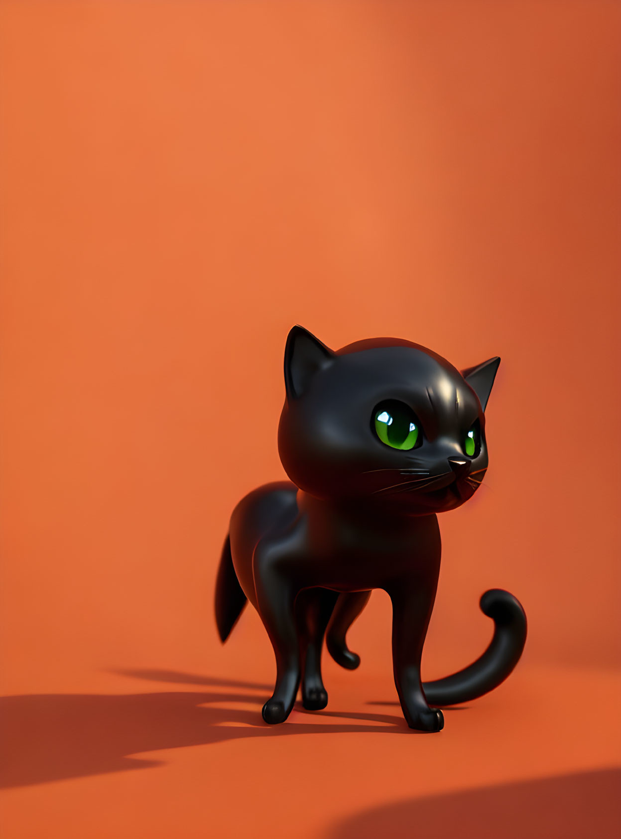 Cartoon black cat with green eyes on orange background