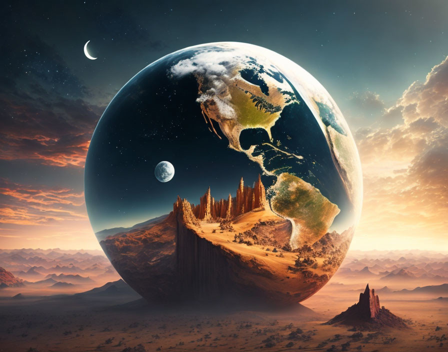 Surreal landscape with oversized Earth and moon over desert and rocky spires