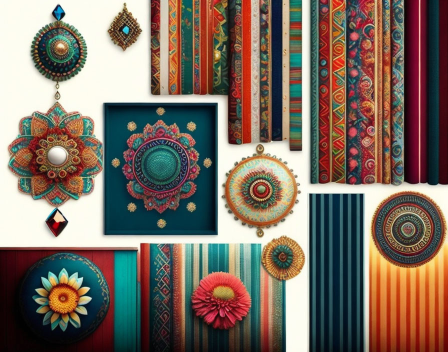 Assorted vibrant patterns: geometric shapes, stripes, and floral motifs in blues, reds, and