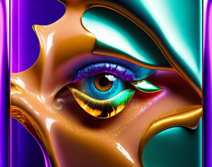 Surreal digital artwork of blue eye with gold and green accents on purple background