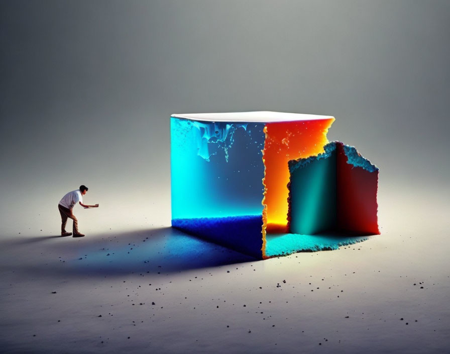 Vibrant blue and orange surreal cube gesture scene