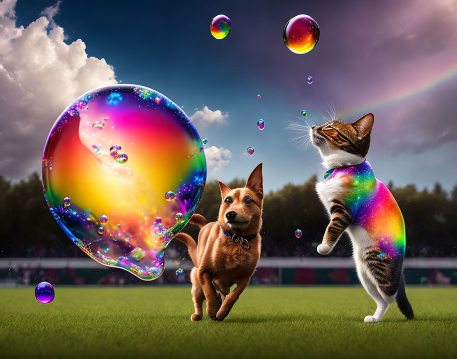 Dog and Cat Playing with Colorful Bubbles on Grass Field with Rainbow