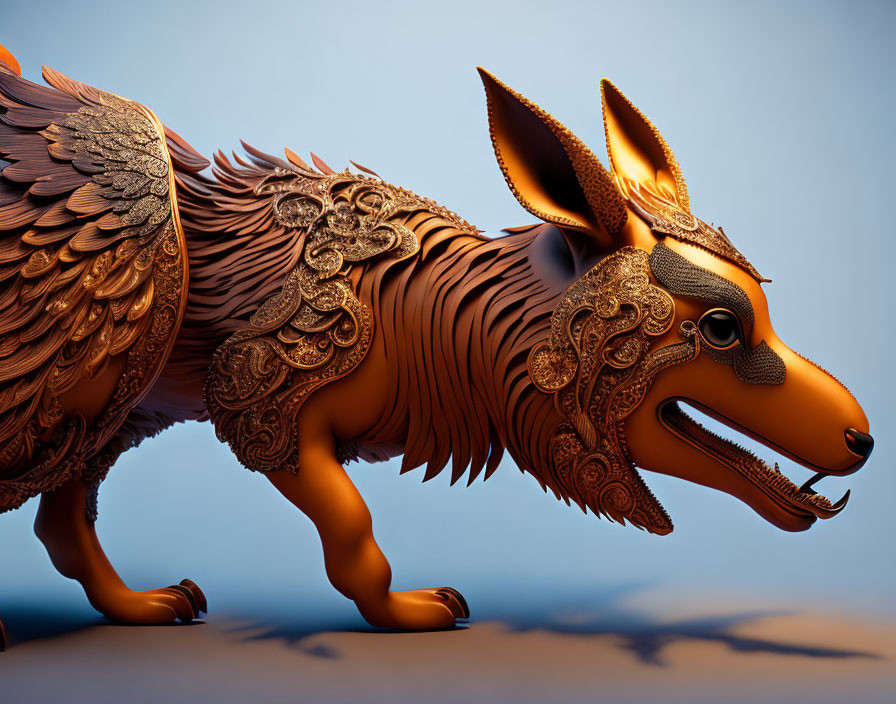 Intricately patterned 3D fox model on blue gradient background