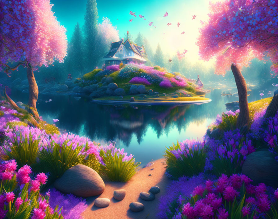 Tranquil Fantasy Landscape with Pink Trees, House, and Lake