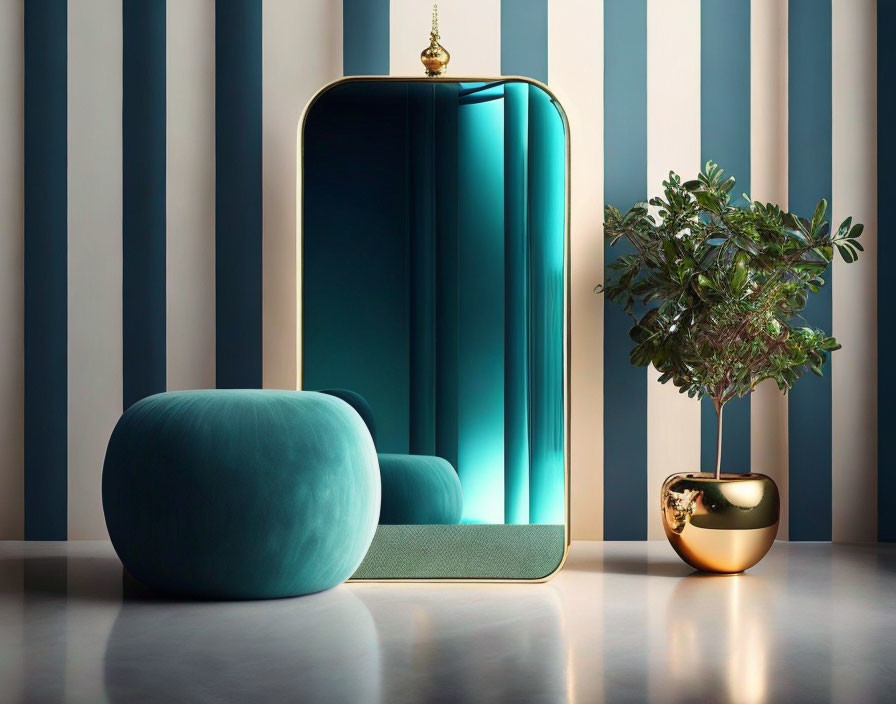 Sophisticated interior with teal armchair, gold mirror, potted plant, and striped walls