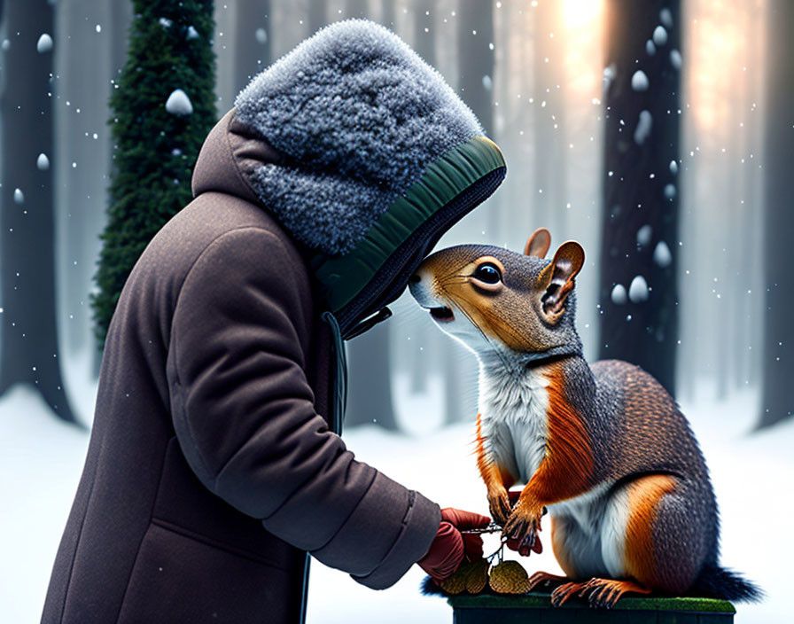 Person in winter coat and hat with squirrel on snowy forest bench