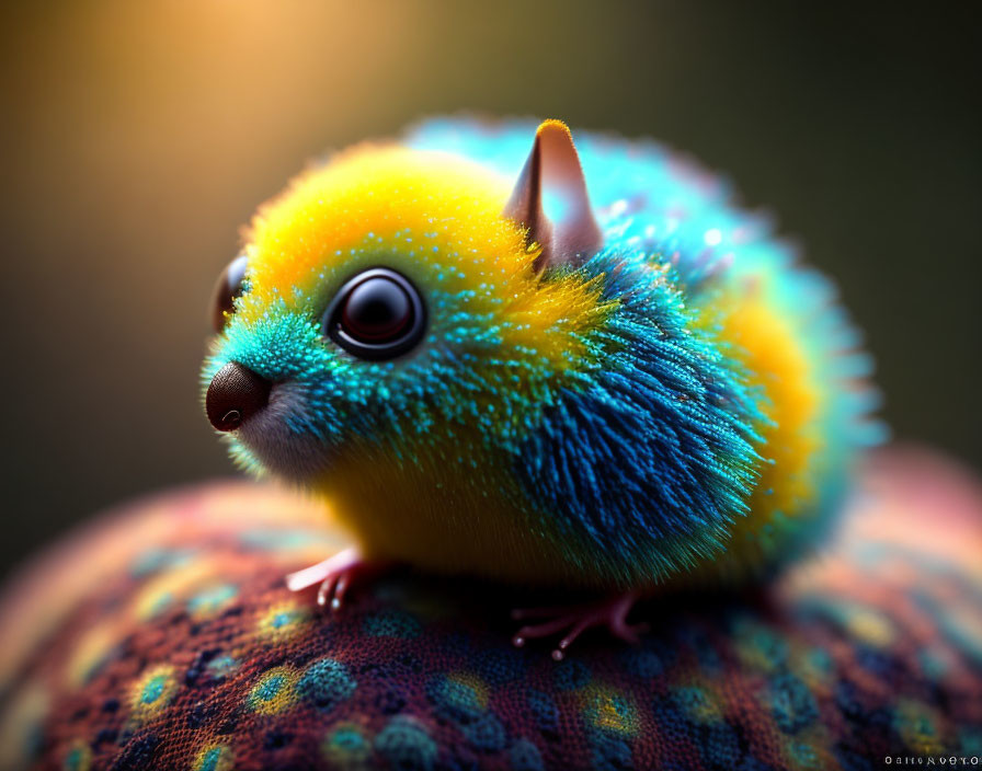 Colorful Fantasy Creature with Yellow and Blue Fur and Pink Limbs on Textured Surface