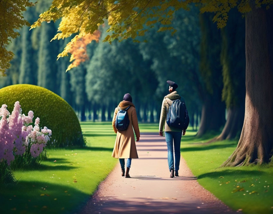 Autumn park path with two people walking among lush greenery and trees