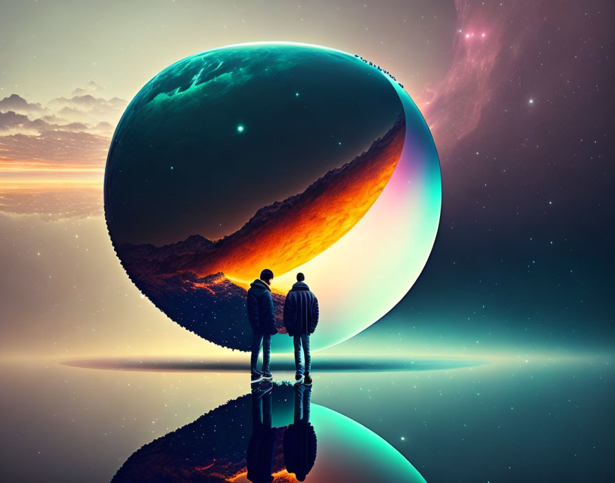 Two individuals in front of a surreal split planet with cosmic backdrop and reflective surface.