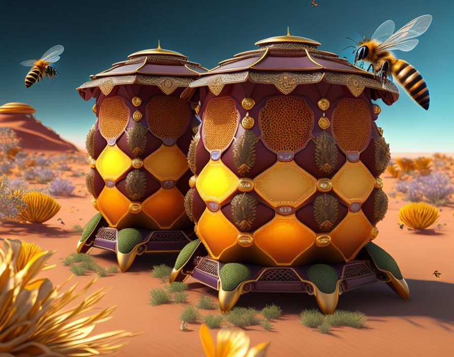 Hexagonal Futuristic Beehive Structures in Desert Landscape with Bees and Sparse Vegetation