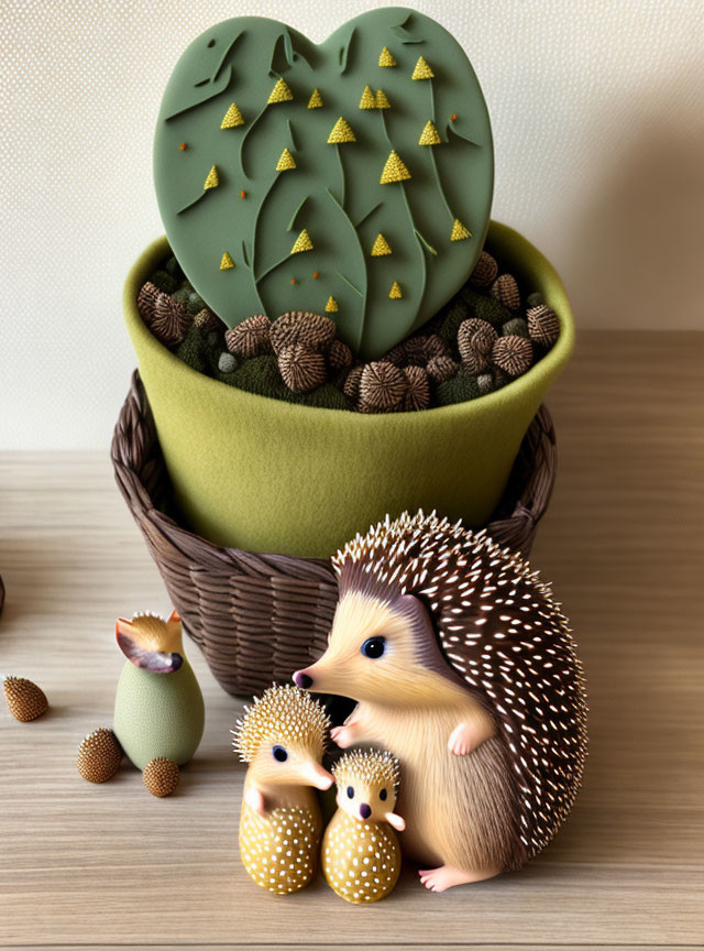 Illustration of hedgehog family with cactus and pine cones