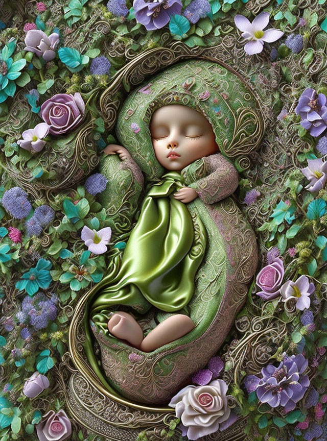 Sleeping baby surrounded by vibrant flowers and leaves in nature-inspired digital artwork