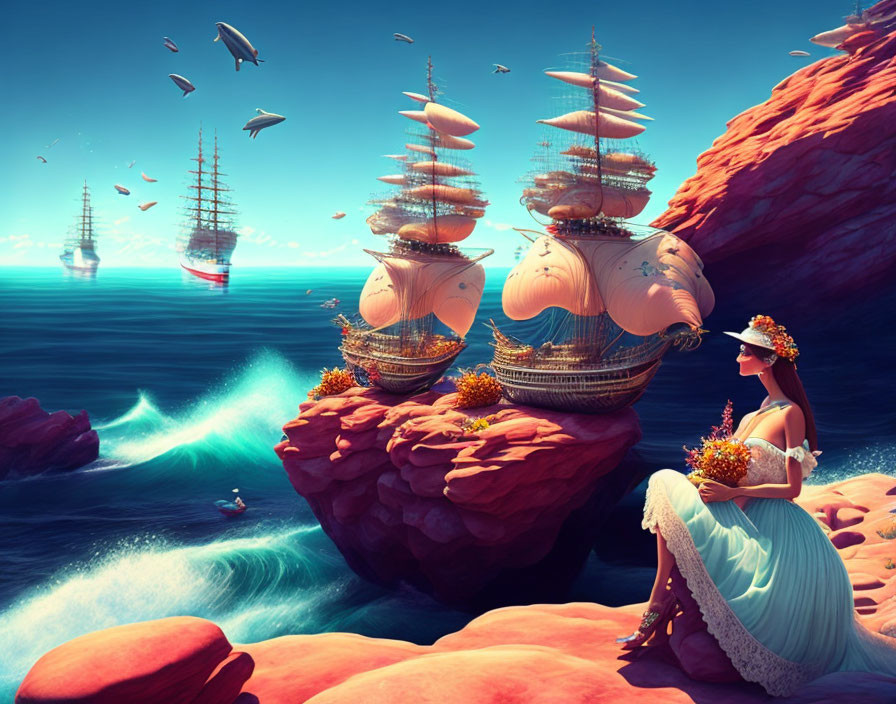 Woman sitting on rocky outcrop by sea with flying fish-like and traditional sailing ships amidst floating islands